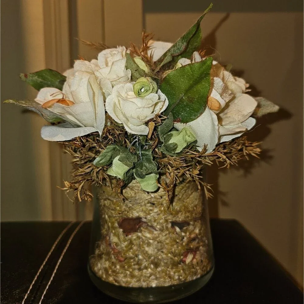 Floral Arrangement with White Roses and Leaves in Glass Vase